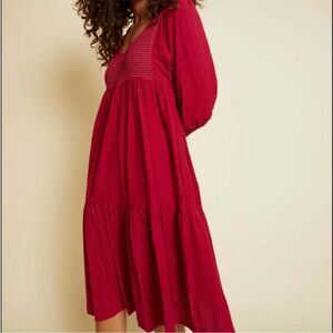 Nation LTD Size S Small Rona Puff Sleeve Smocked Tiered Midi Dress Berry Pink